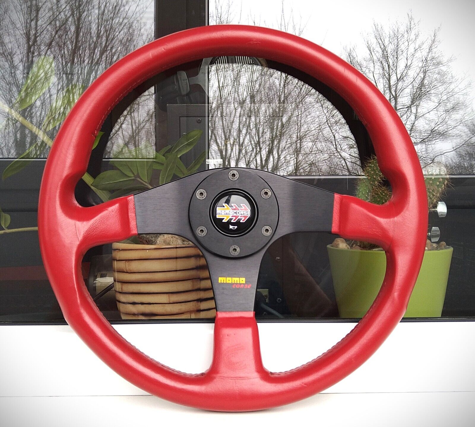 MOMO Corse 3 Spoke Red Leather Sports Steering Wheel Rare EDM JDM Civic EK EG EJ