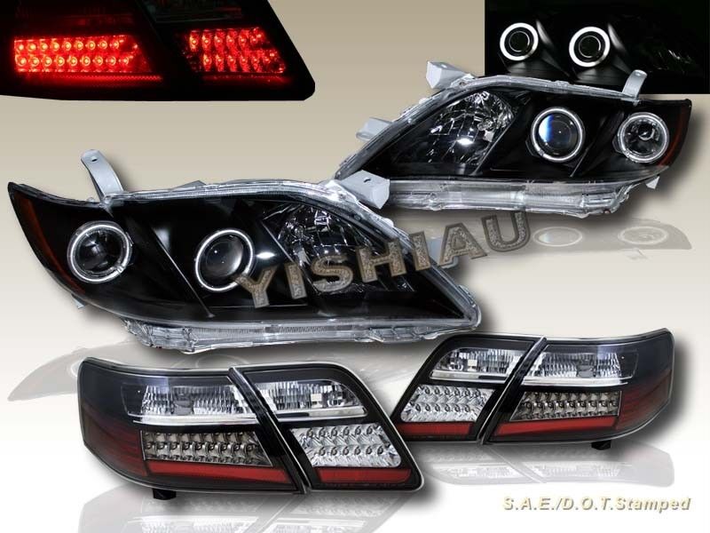 2007-2009 TOYOTA CAMRY DUAL CCFL HALO PROJECTOR HEADLIGHTS BLK + LED TAIL LIGHTS