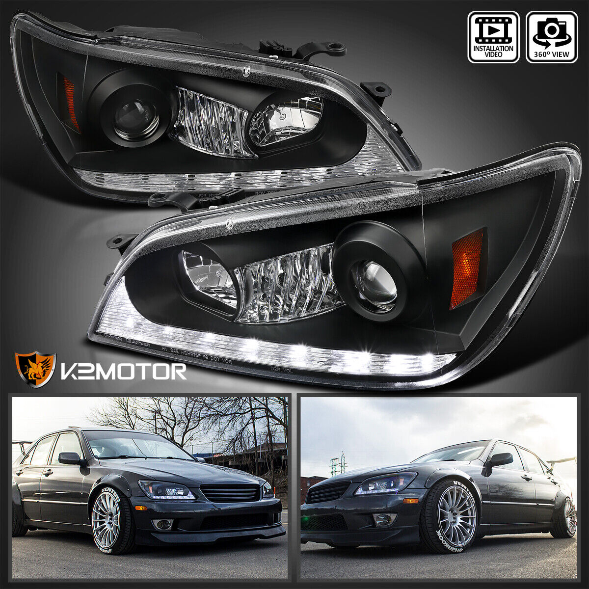 For 2001-2005 Lexus IS300 Black Projector Headlights Lamps+LED Strip Pair 01-05