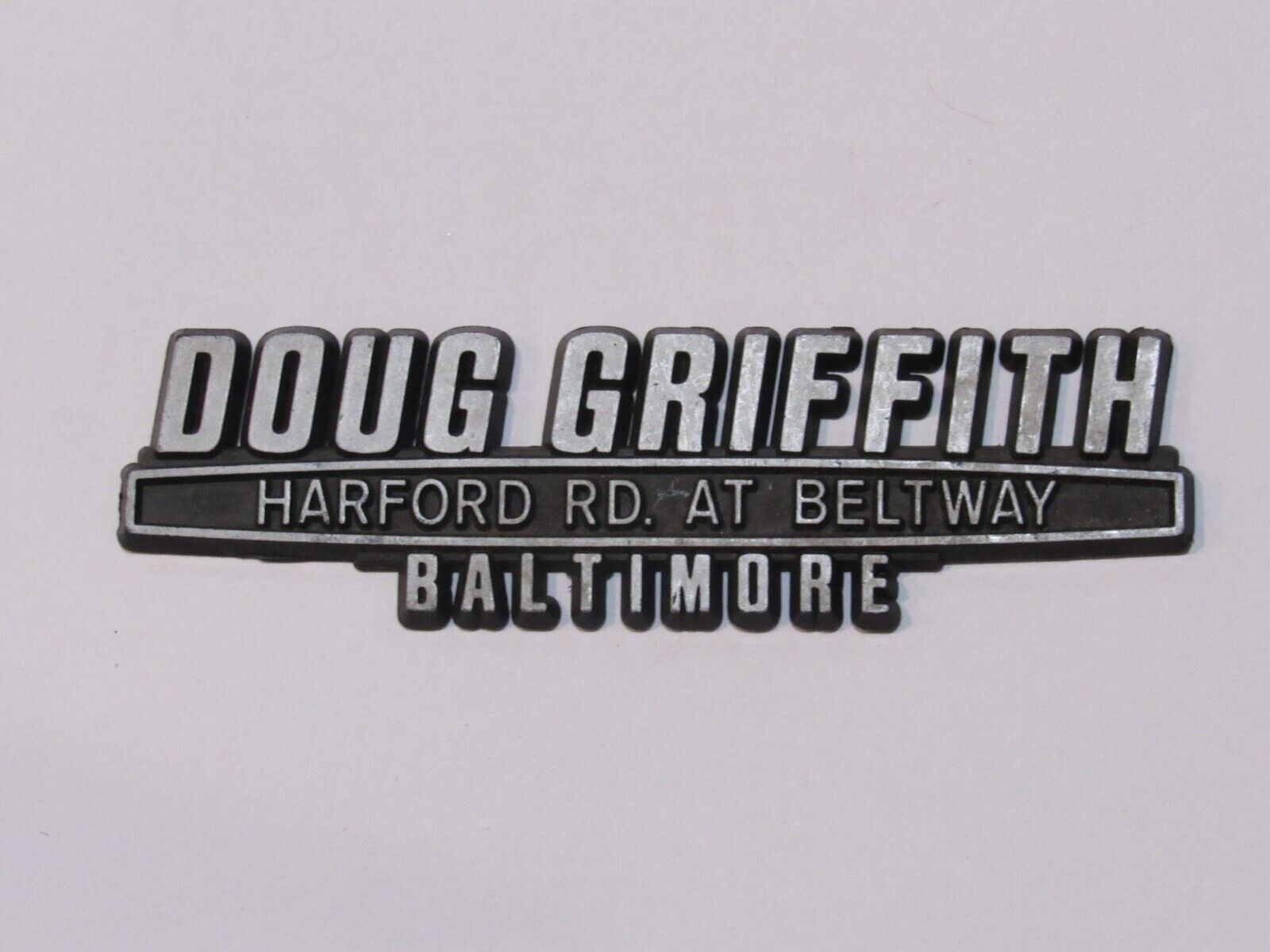 Vintage Doug Griffith Plymouth Baltimore Maryland Plastic Dealer Badge Emblem MD