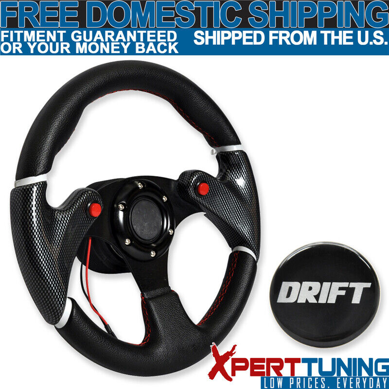 320MM Racing Steering Wheel Carbon Look Black PVC Leather Red Stitch Drift Logo