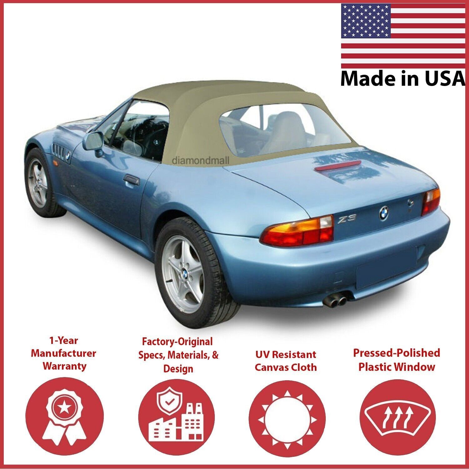 1996-02 BMW Z3 Convertible Soft Top w/DOT Approved Plastic Window, Tan Canvas