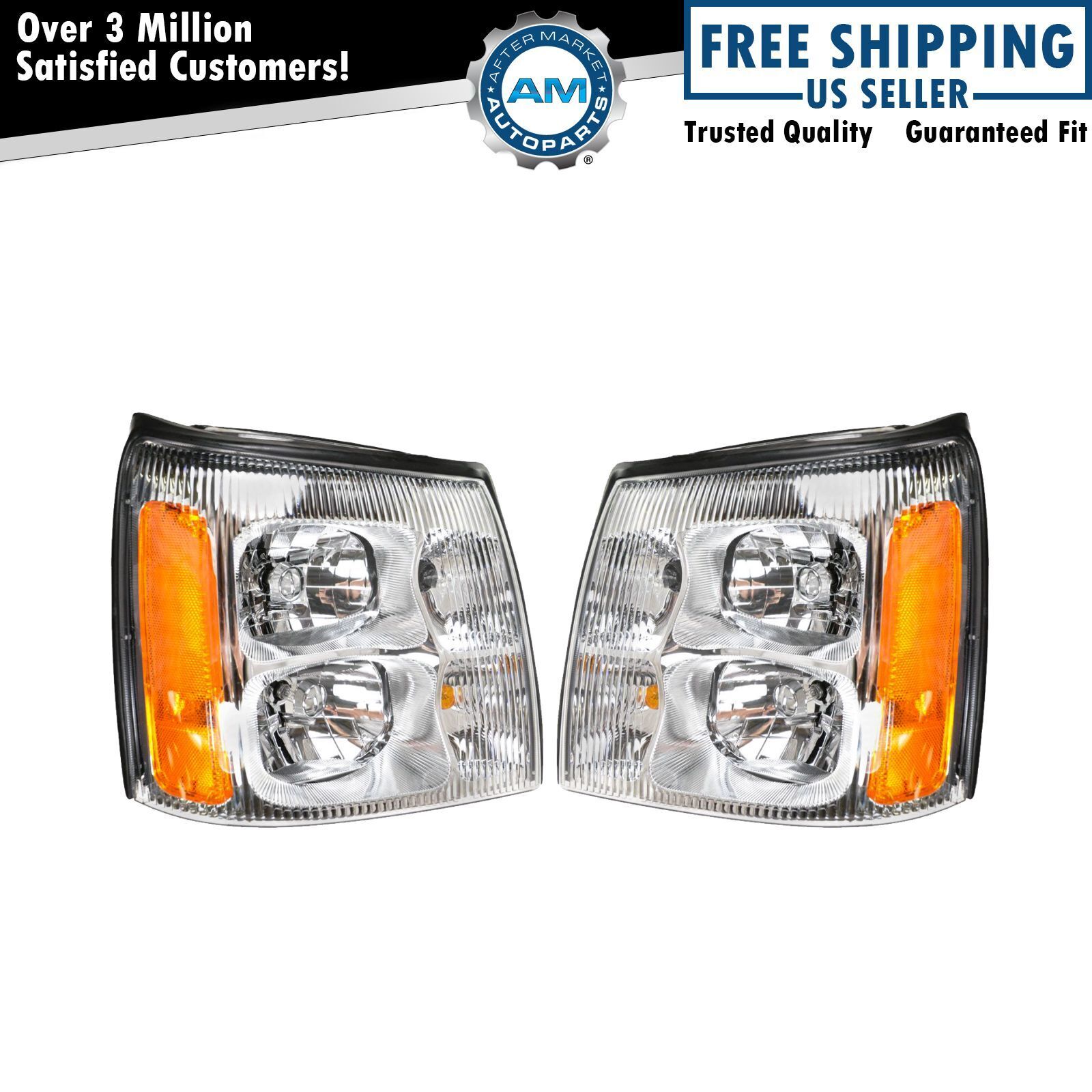 Headlights Headlamps LH & RH Pair Set for 02 Cadillac Escalade Pickup Truck EXT