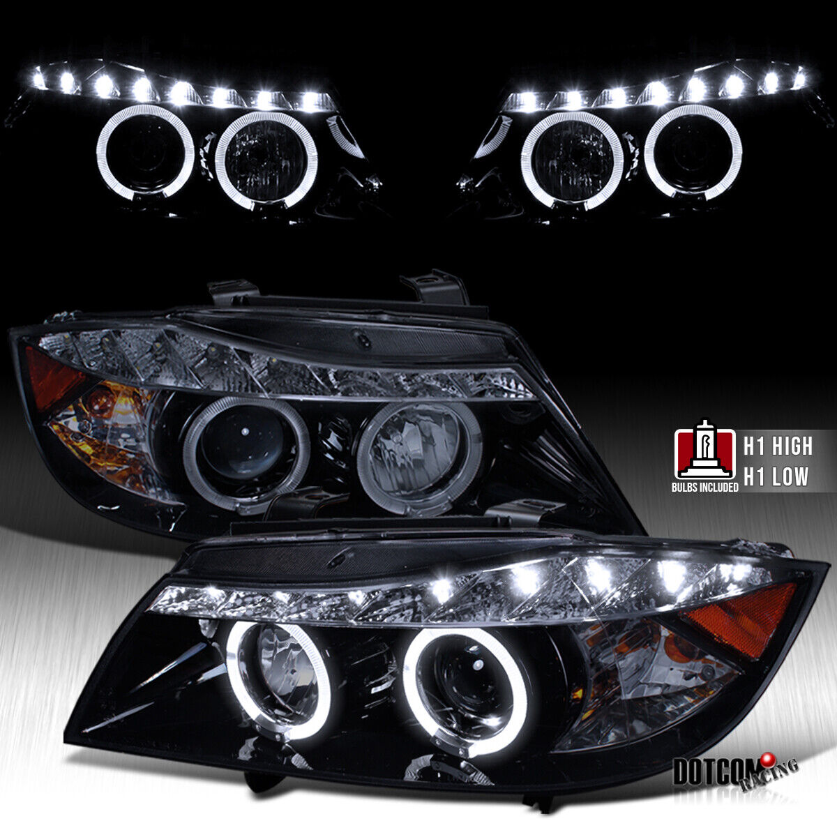 Smoke Black Fit 2006-2008 BMW E90 3-Series Dual LED Halo Projector Headlights