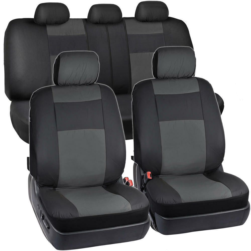 Black & Charcoal Gray Two Tone PU Leather Car Seat Covers 5 Headrests Full Set