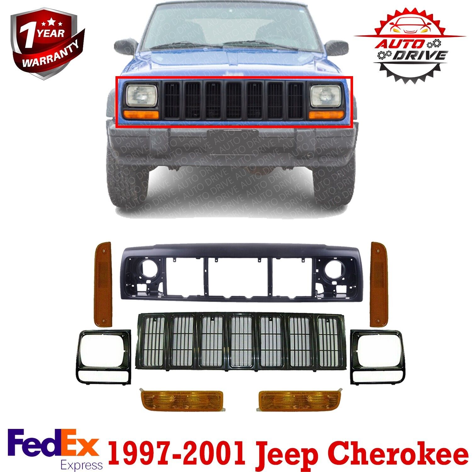 Header Panel Grille Headlight Door Park & corner Lights For 97-01 Jeep Cherokee