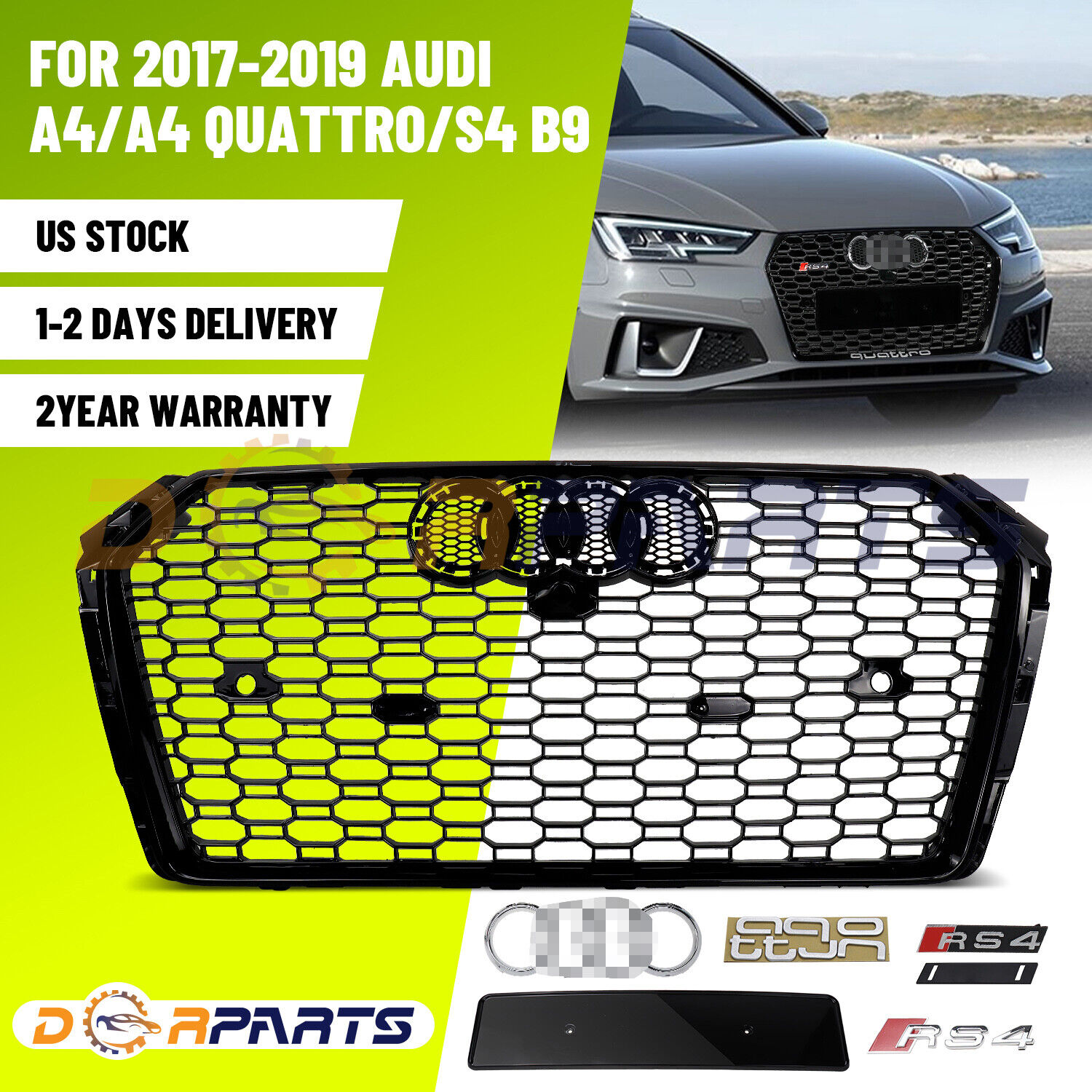 Grille Black W/ Quattro For 2017-2018 Audi A4/S4 B9 RS4 Style Honeycomb Mesh Hex