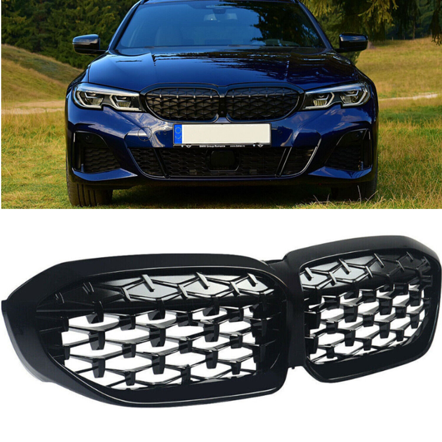 For BMW G20 330i M340i 2019-2022 Front Kidney Grill Grille Gloss Black Diamond