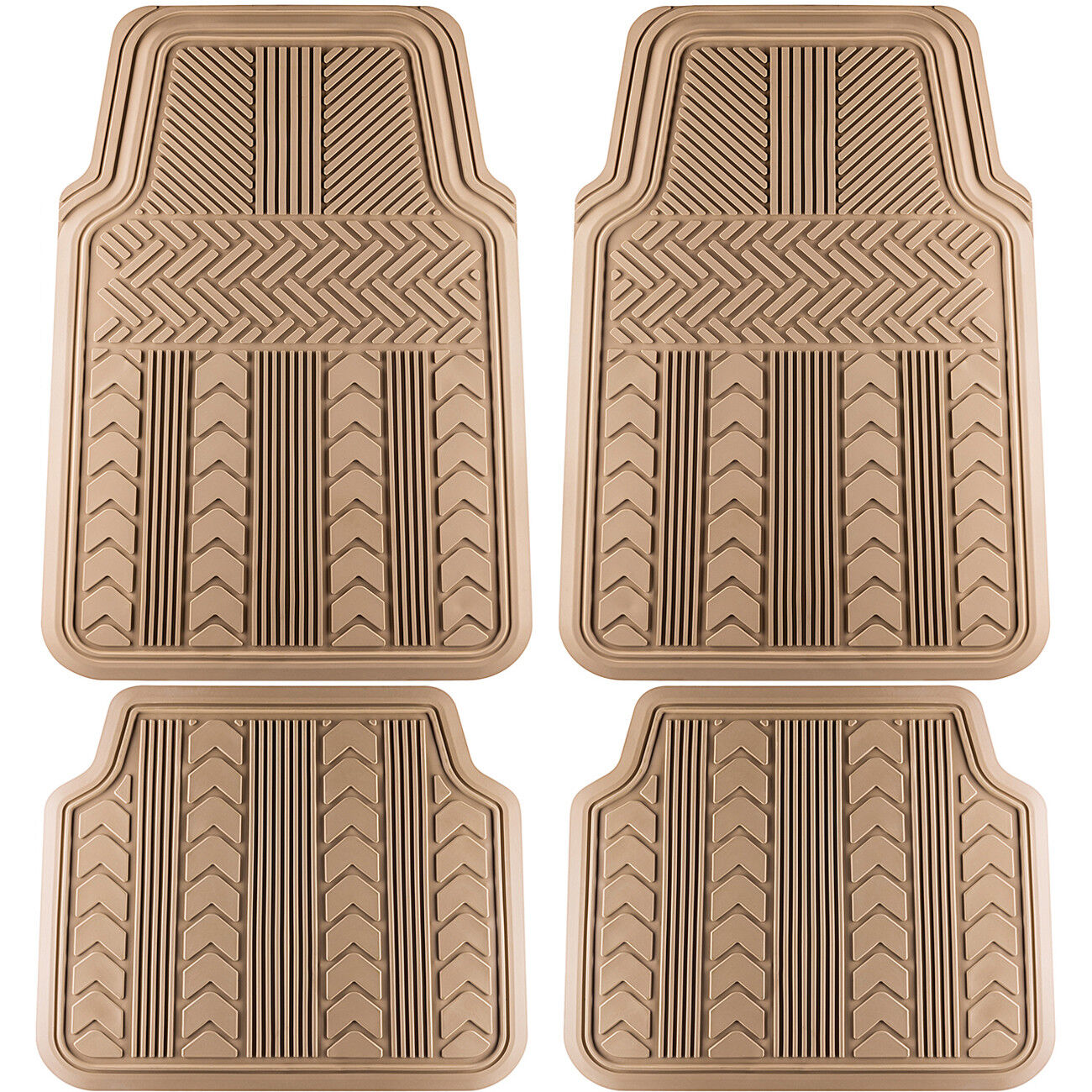 Car Floor Mats for All Weather Rubber 4pc Set Tire Tread Fit Heavy Duty Beige