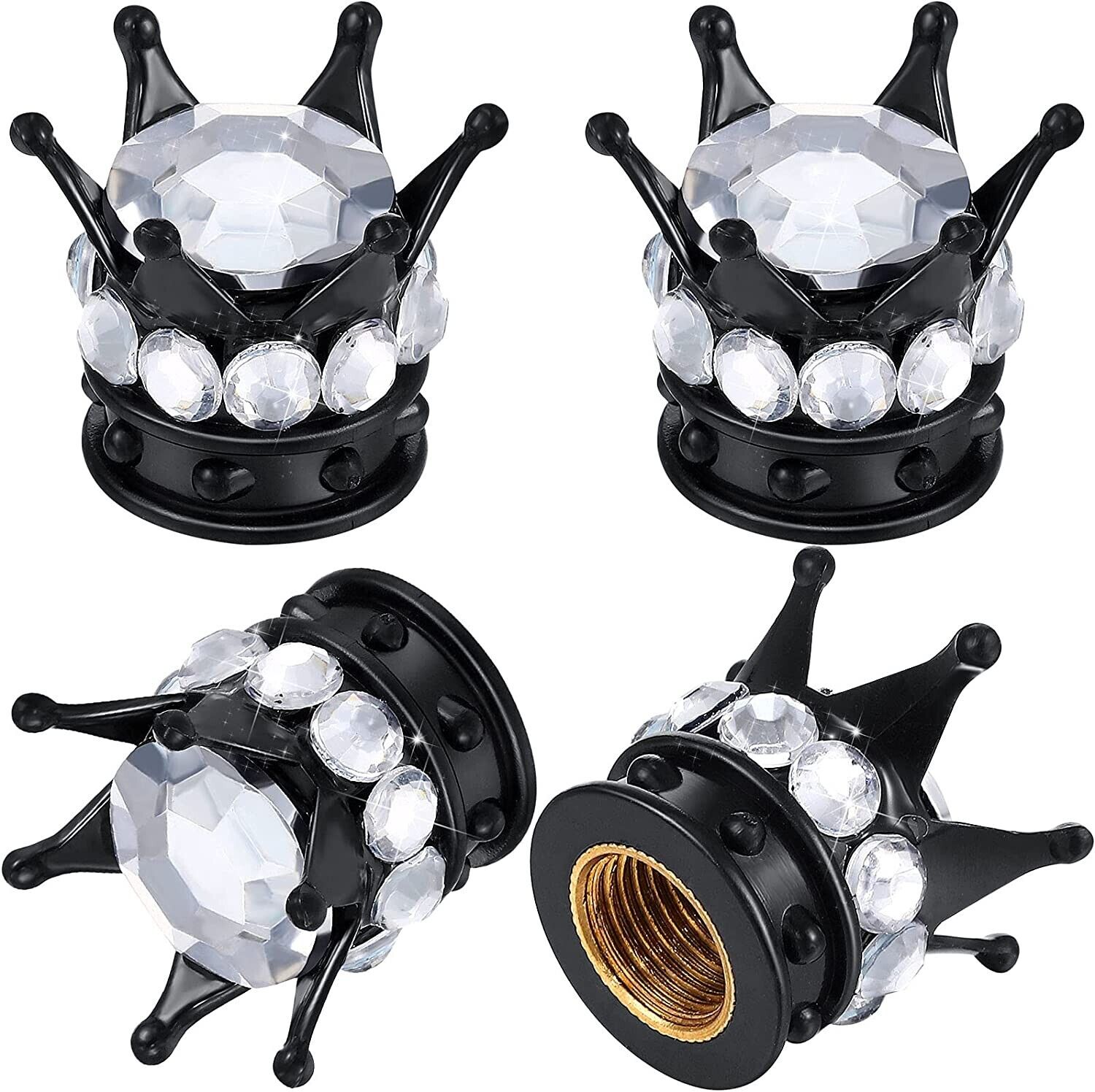 Black White Rhinestone Crystal Crown Tire Valve Stem Caps Covers Fits Universal