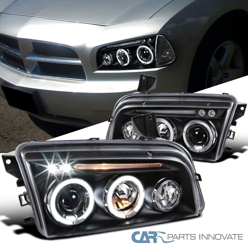 For Dodge 06-10 Charger Black LED/Dual Halo Projector Headlights Head Lamps Pair