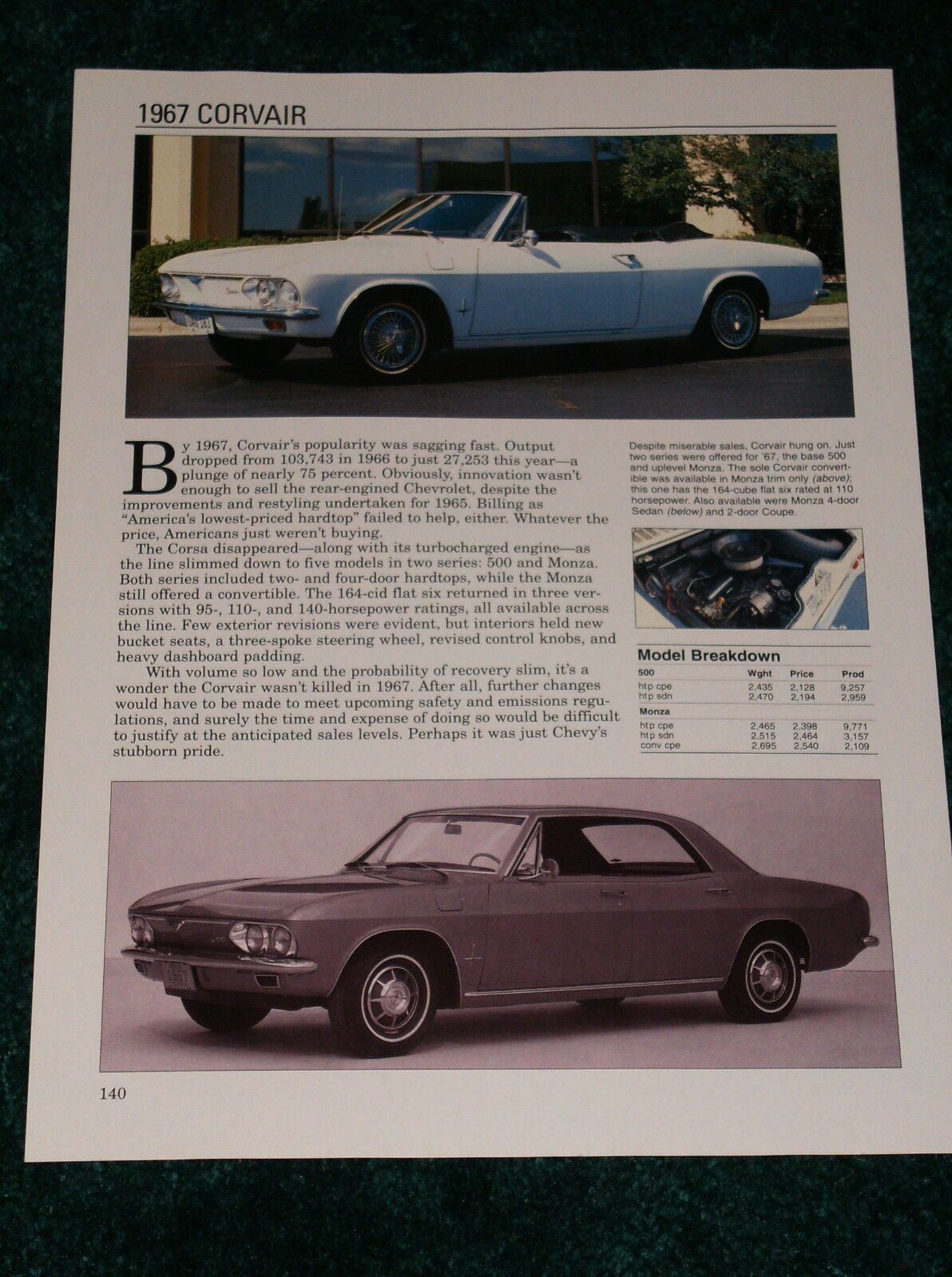 ★★1967 CHEVY CORVAIR 500-MONZA-COUPE-CONVERTIBLE SPEC SHEET INFO PHOTO 67★★