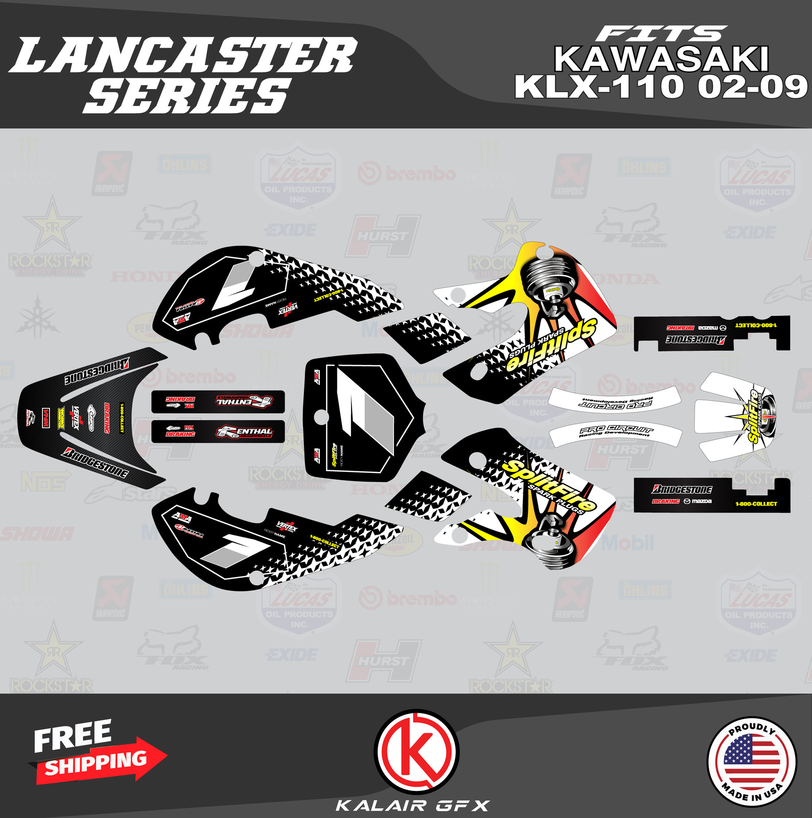 Graphics Kit for Kawasaki KLX110 (2002-2009) KLX 110 Lancaster-White