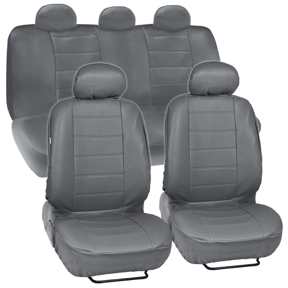 Gray Synthetic Leather Set Car Seat Cover Genuine Leather Feel Front & Rear Set