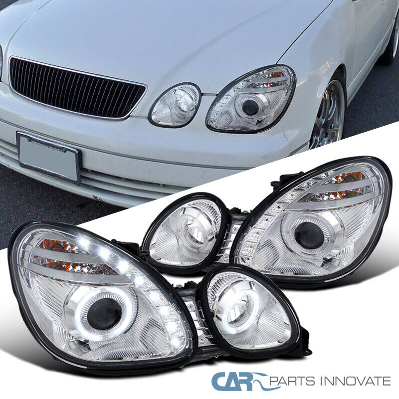 Fit 98-00 Lexus GS300 GS400 Clear LED DRL Strip Halo Projector Headlights Pair
