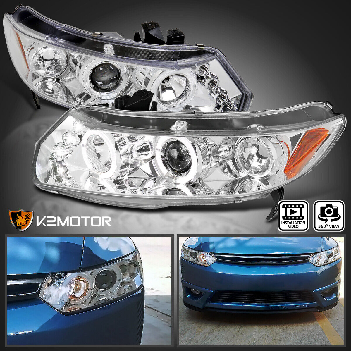 Clear Fits 2006-2011 Honda Civic 2Dr Coupe LED Halo Projector Headlights 06-11