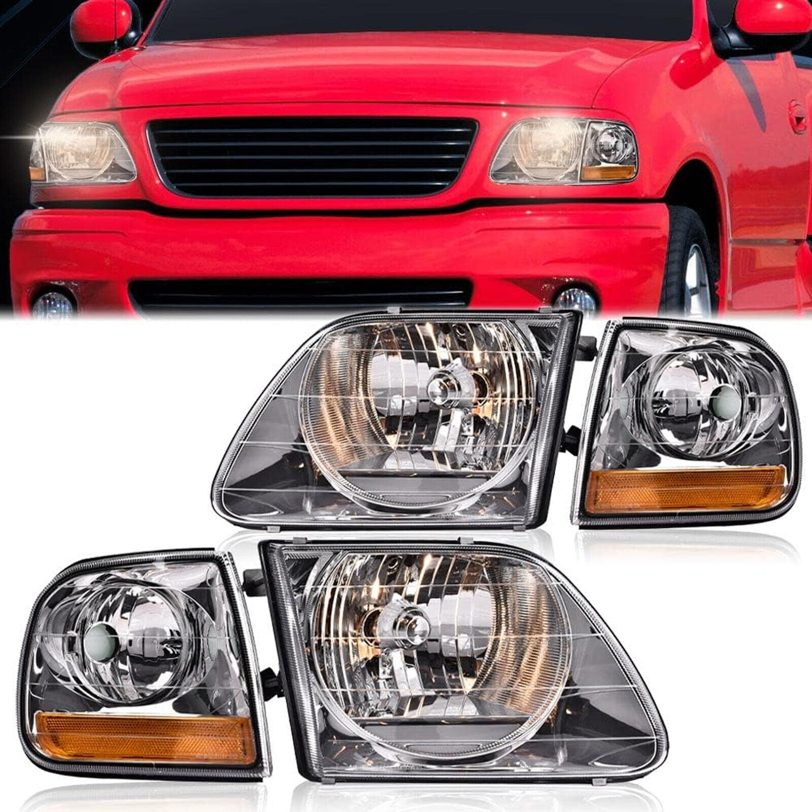 Headlights w/Corner lights LH+RH Fit For 1997 1998-2004 Ford F150 Expedition 4pc