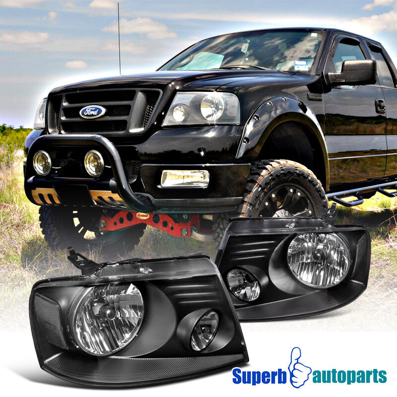 For 2004-2008 Ford F150 Truck Headlights Black Head Lamps Pair Left+Right 04-08