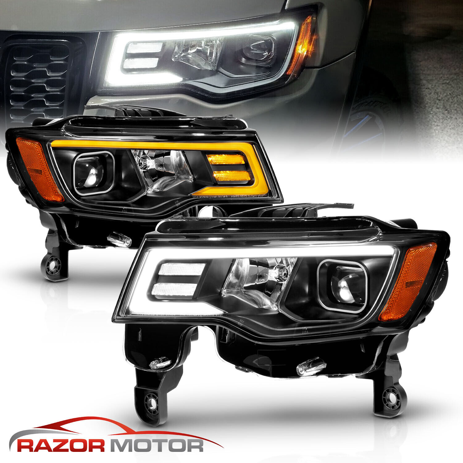 For 2017-2022 Jeep Grand Cherokee Black Projector switchback headlights