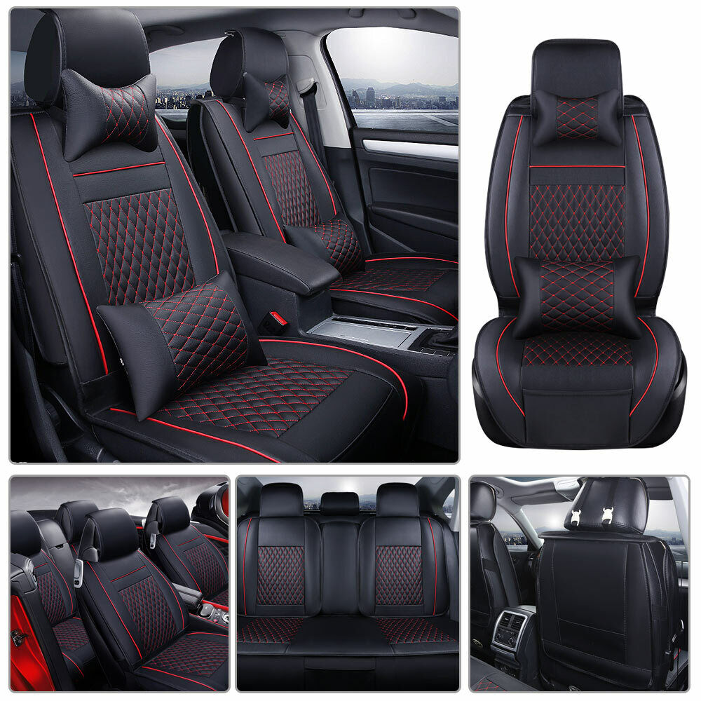 US Stocks 5-Seats Car Seat Cover PU Leather Front+Rear Cushion W/Pillow Size L