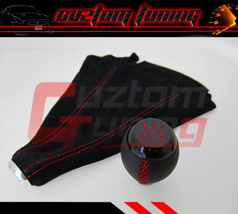 FOR HONDA CIVIC SI COUPE 5 SPEED BLK LEATHER SHIFT KNOB+SUEDE BOOT RED STITCH