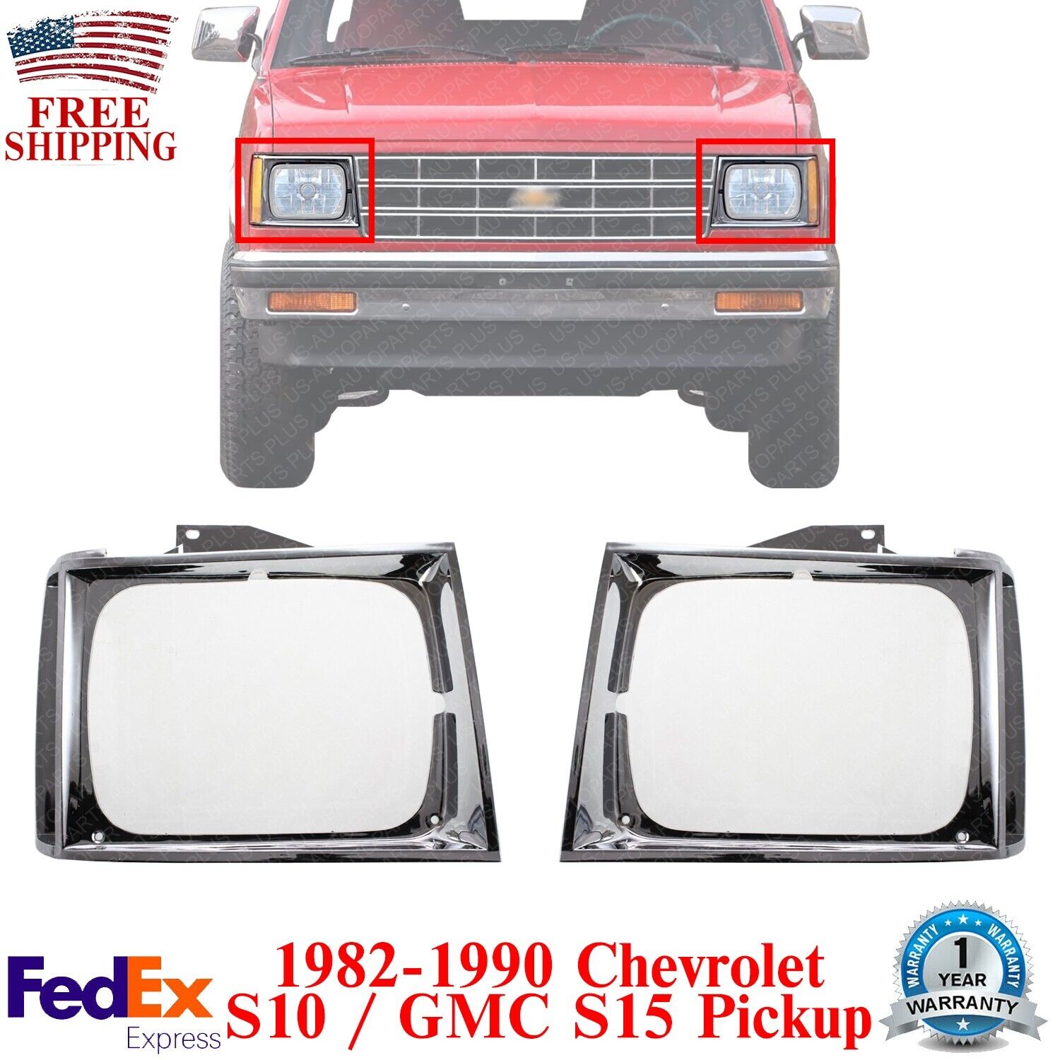 Headlight Door Bezels Chrome LH & RH For 1982-1990 Chevrolet S10 /GMC S15 Pickup