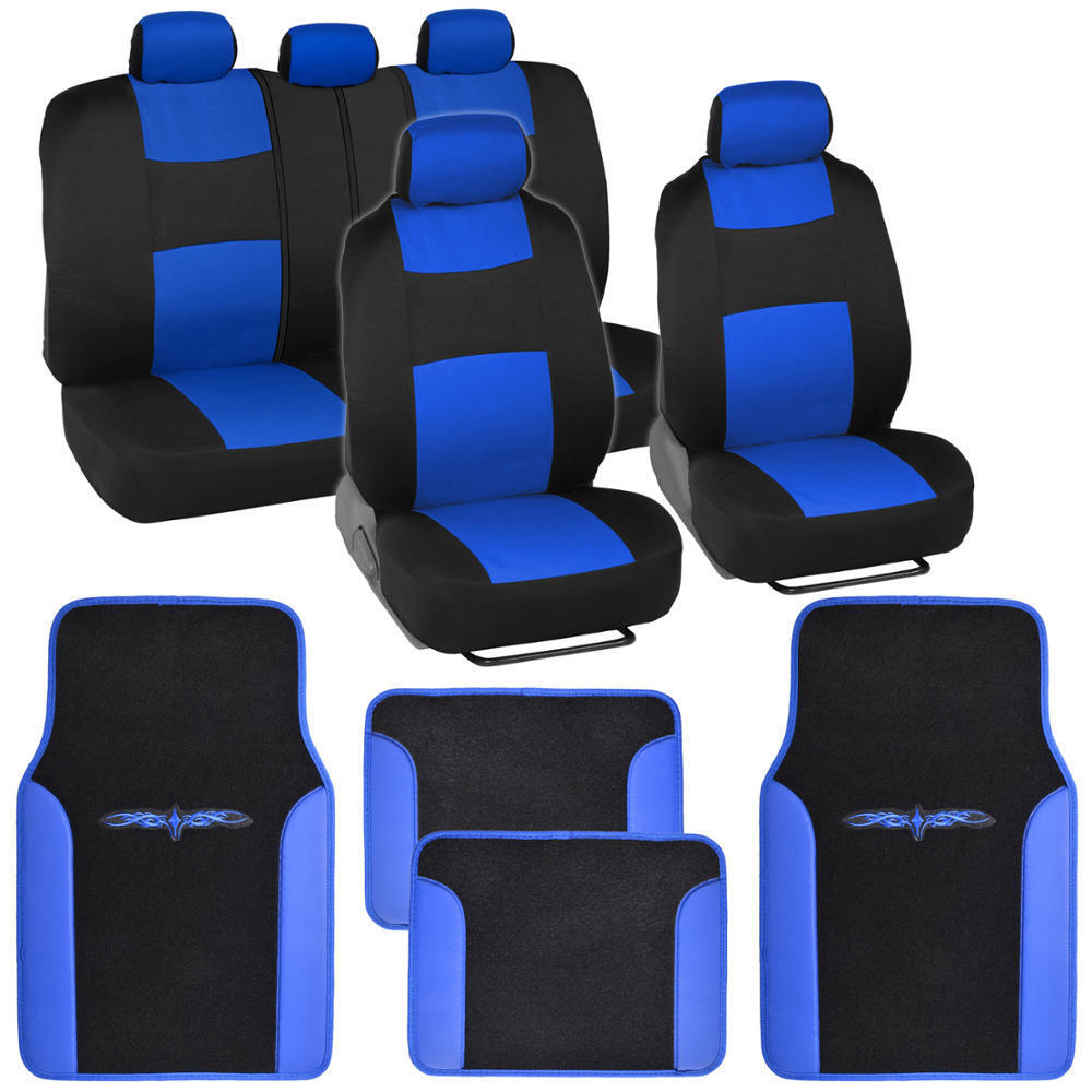Car Seat Covers Set Black and Blue w/ PU Leather Trim Carpet Floor Mats Pads