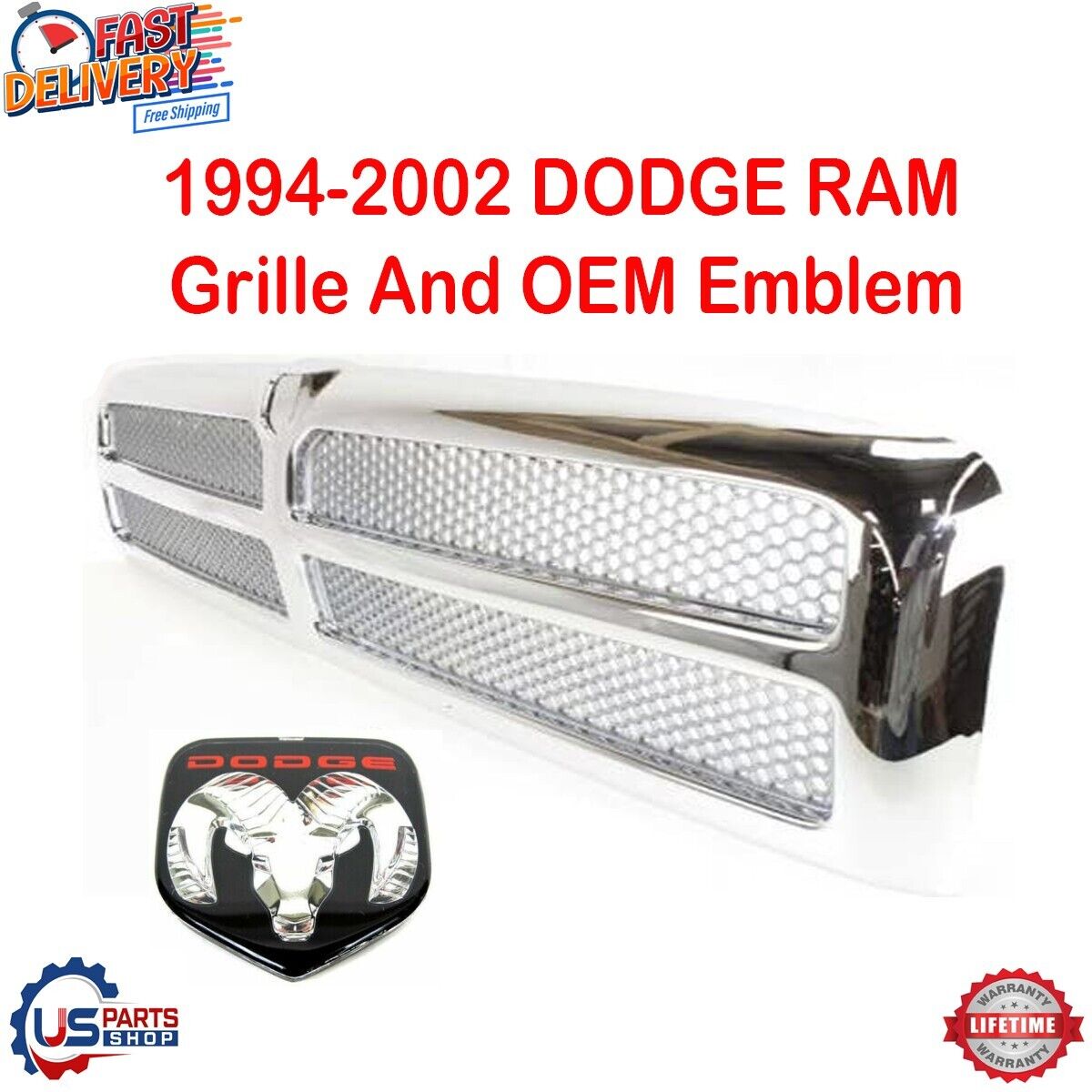 New Grill Grille Chrome And OEM Emblem Fits 1994-2002 Dodge Ram Pickup 2500 3500