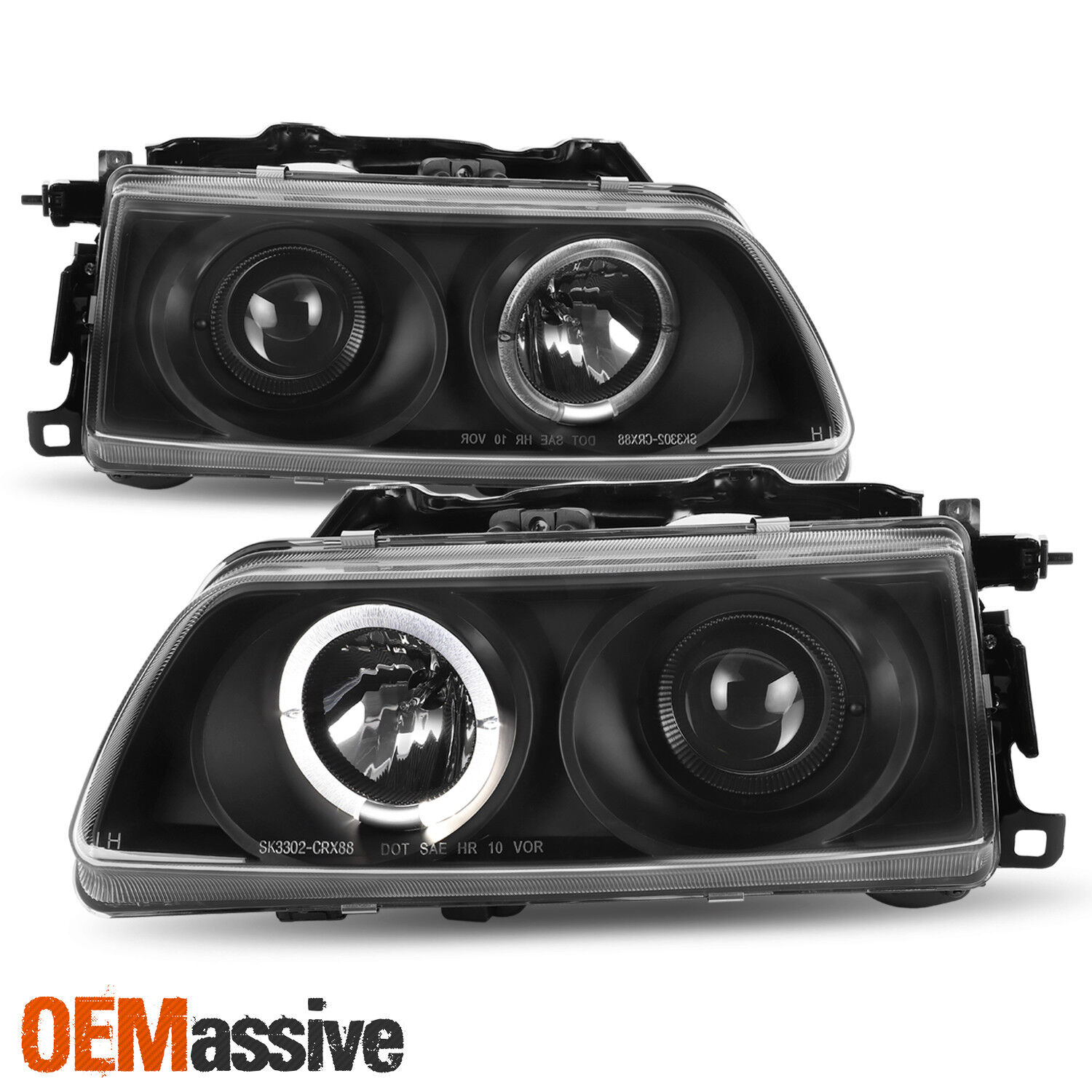 Fits 90-91 Honda Civic CRX Black Bezel Halo Projector Headlights Front Lamps