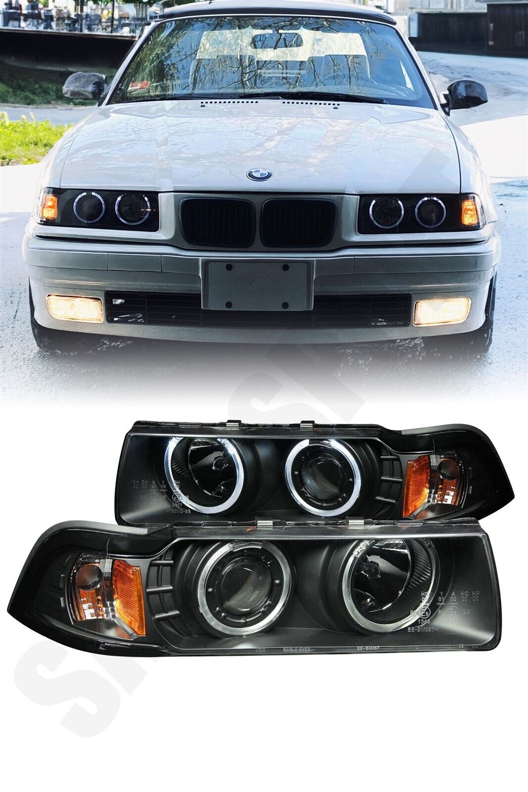 Set Black Halo Projector Headlights for 92-98 BMW E36 3-Series Coupe Convertible