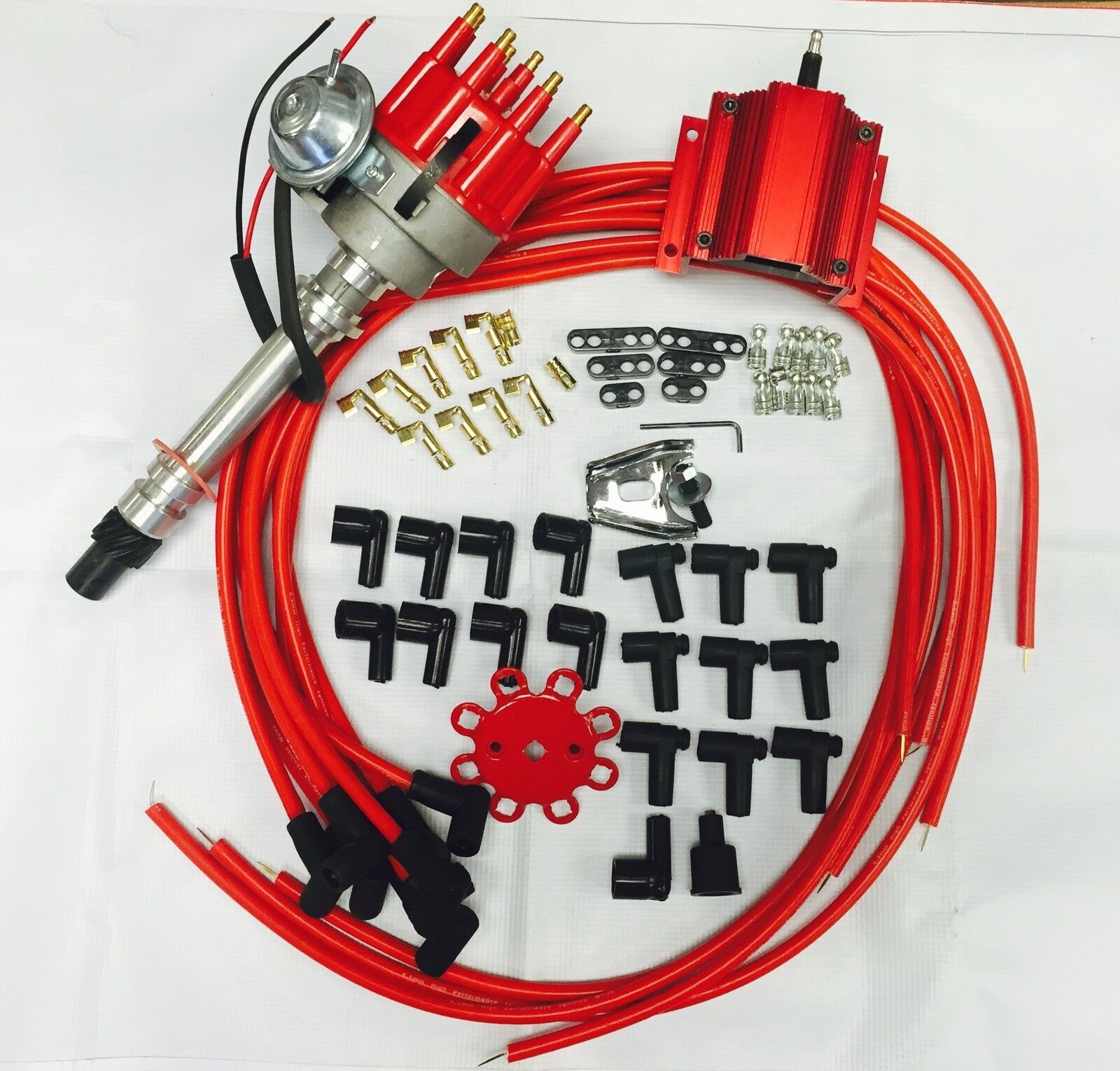 SBC Small Cap H.E.I HEI Distributor Kit W/ Plug Wires & E-Core Coil 283 350 383