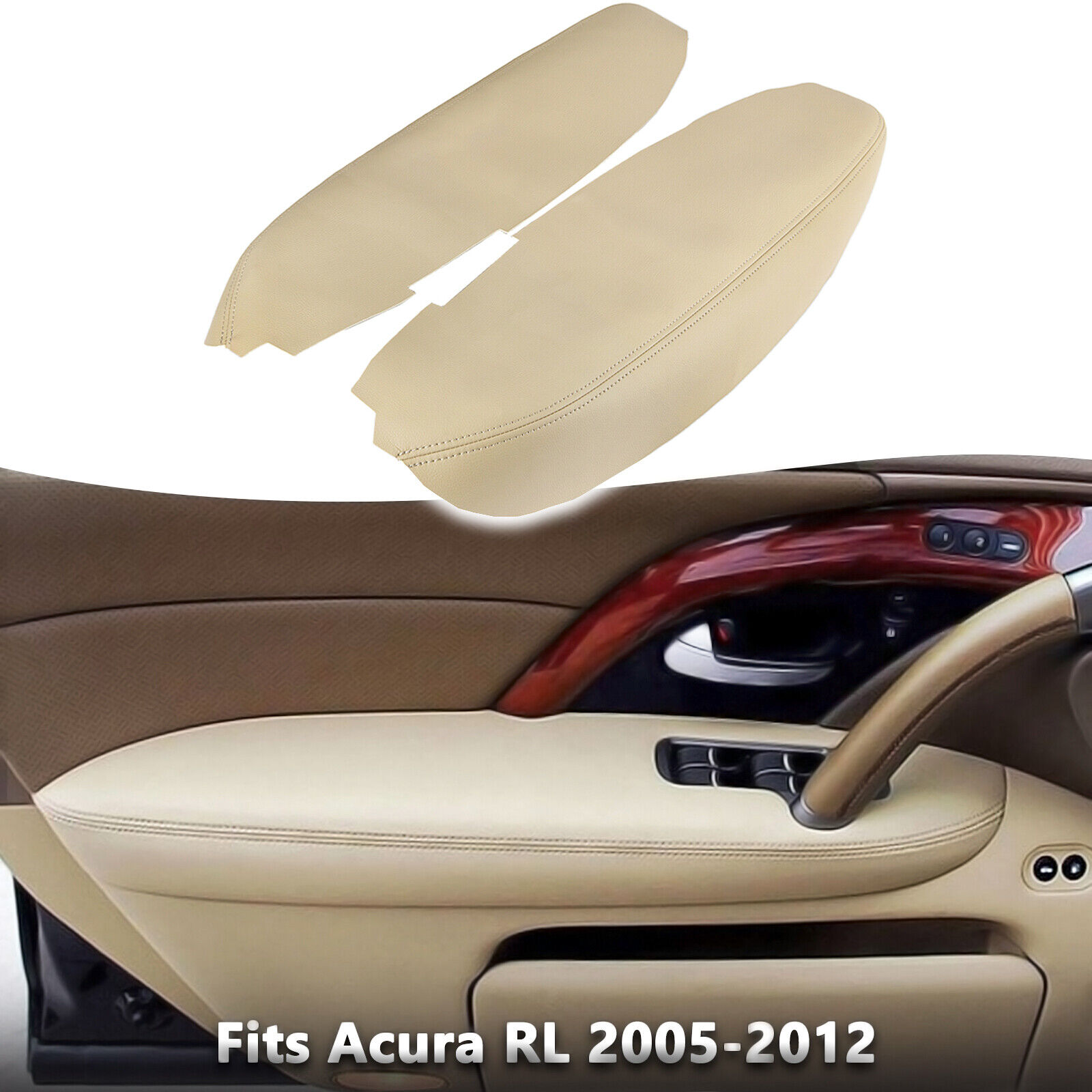 Fits 2005-2012 Acura RL Front Door Panel Armrest Leather Cover Beige Tan 2pcs