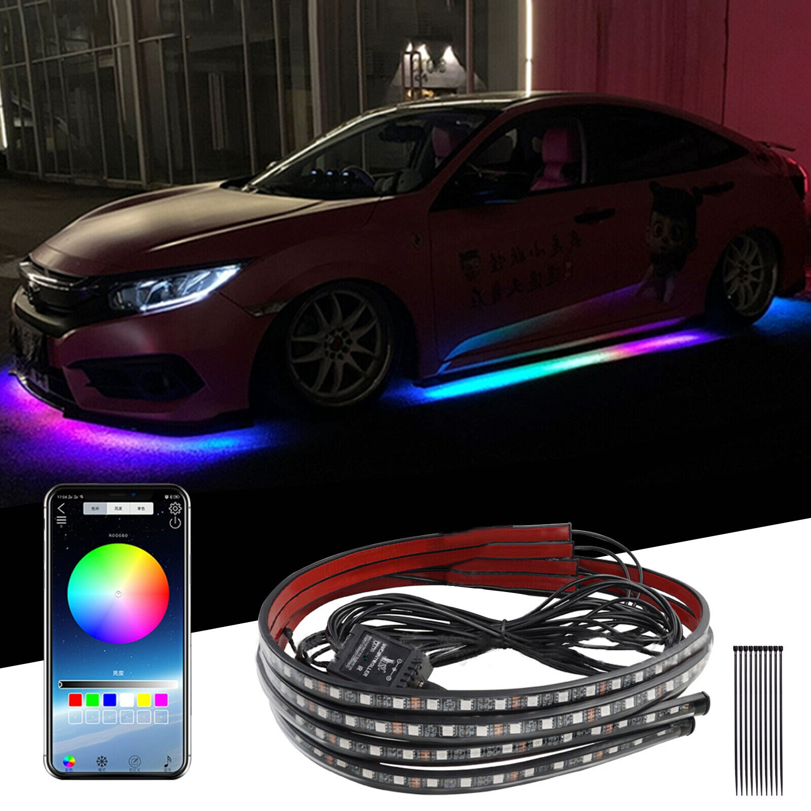 4 Pcs LED RGB Car Underglow Strip Light Kit Neon Tube Underbody Chasis Lamps