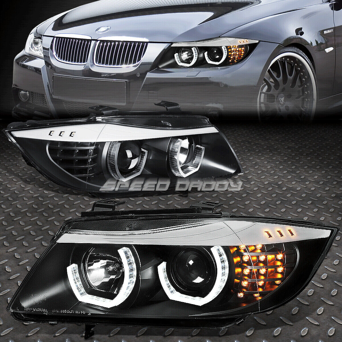 FOR 09-12 BMW E90 3-SERIES BLACK 3D CRYSTAL HALO PROJECTOR HEADLIGHT+LED CORNER
