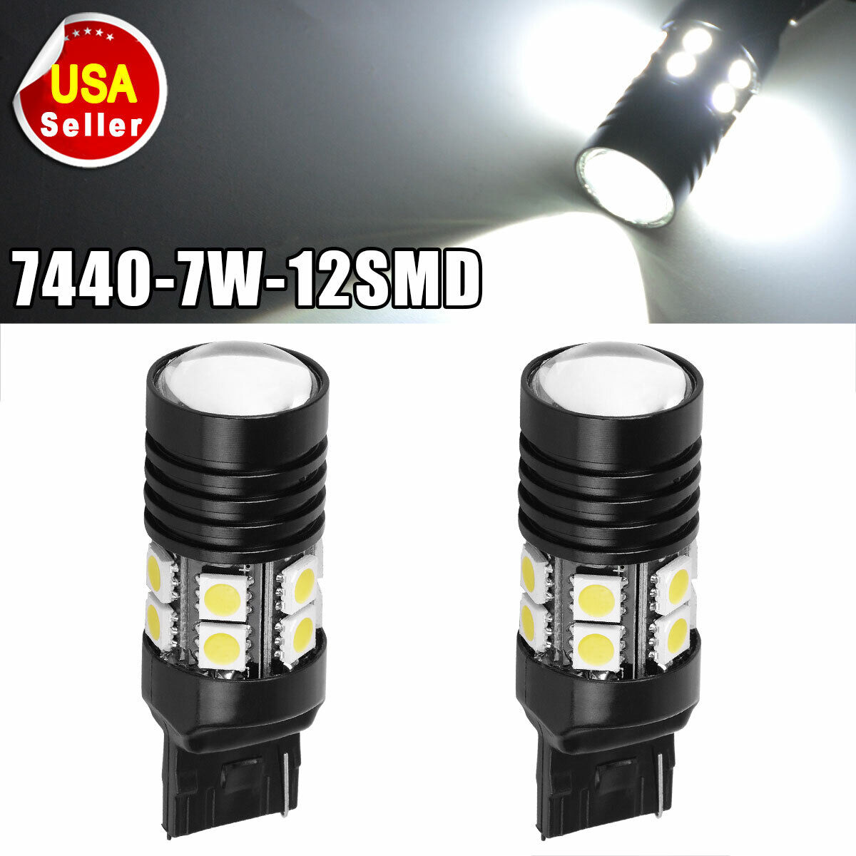 2x White 7440  12SMD LED Light Bulbs Turn Signal T20 7W High Power Projector