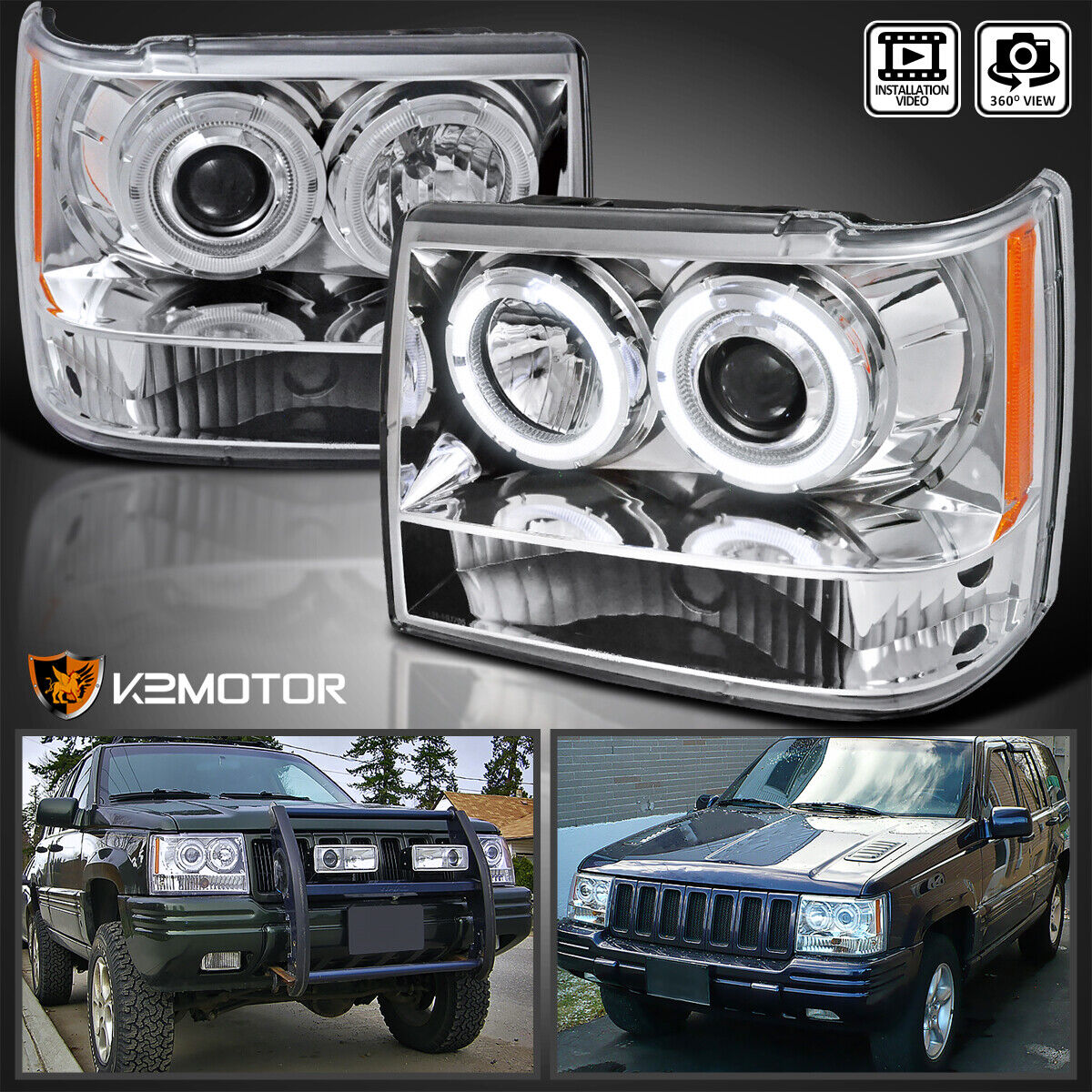 For 1993-1996 Jeep Grand Cherokee LED Halo Projector Headlights Lamps Left+Right