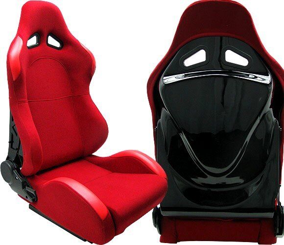 NEW 2 RED CLOTH + BLACK BACK COVER RACING SEATS RECLINABLE W/ SLIDER ALL BMW *
