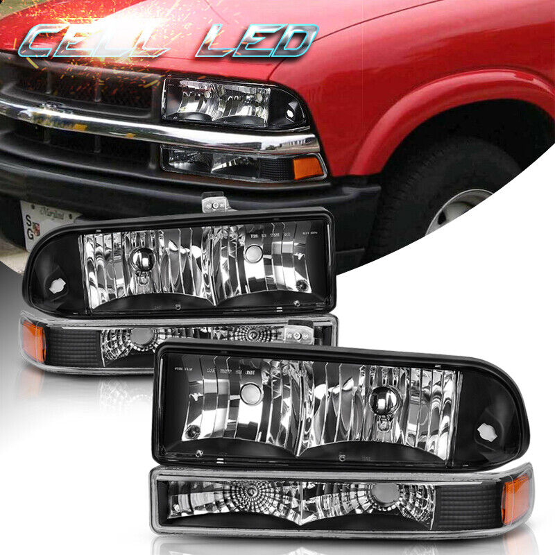 FOR CHEVY S10/BLAZER 1998-2004 BLACK Headlights+Bumper Parking Lamps Pair L+R