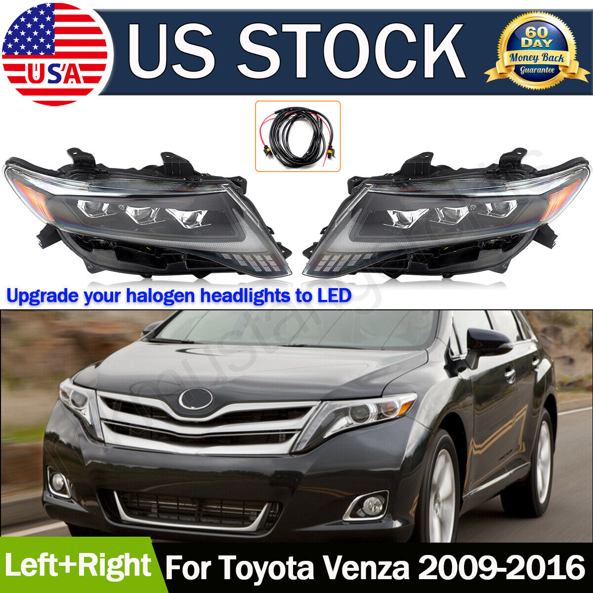 2x For 2009-2016 Toyota Venza LED Headlights Headlamps Projector DRL Black LH+RH