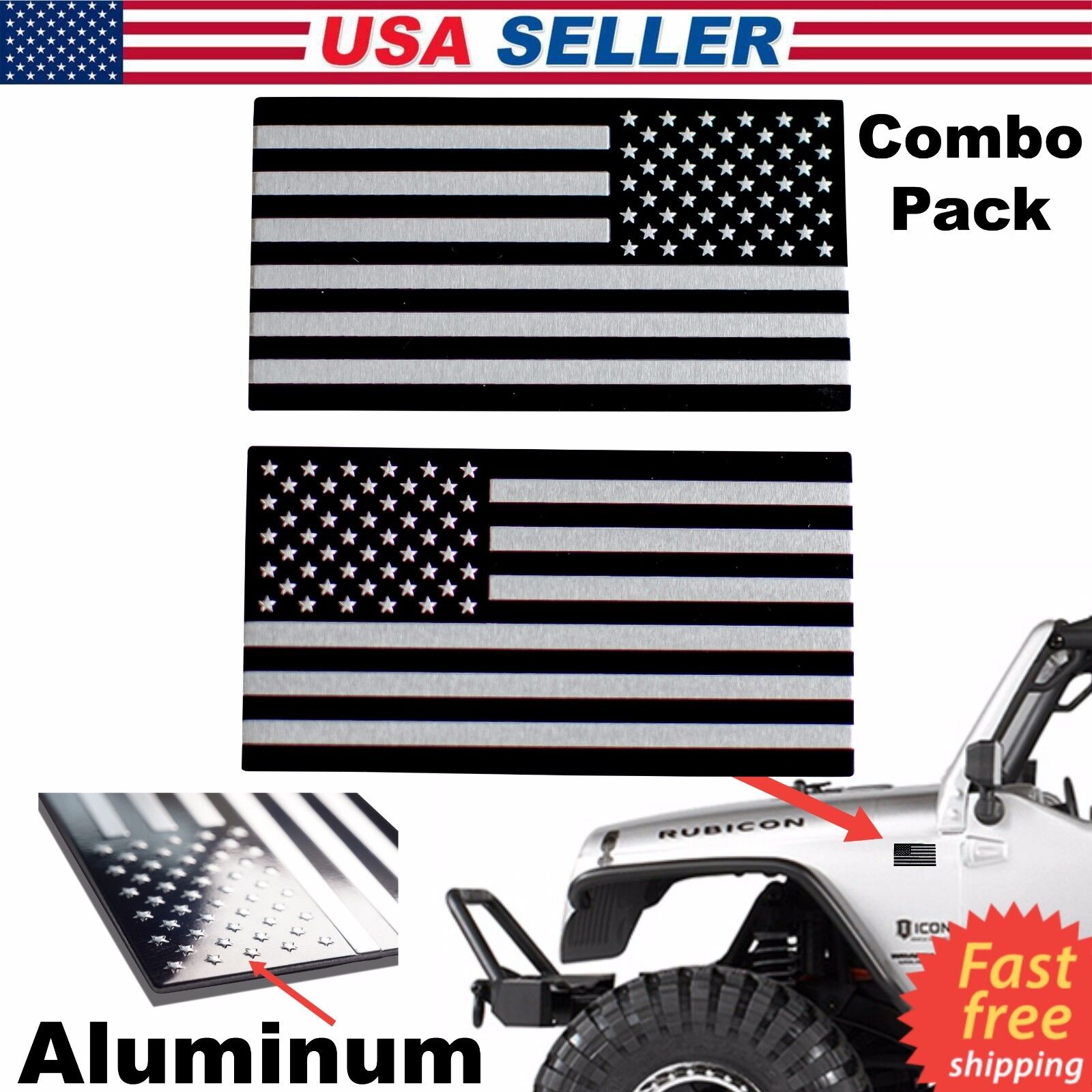 3D METAL American Flag Sticker Decal Emblem Bike, Auto, Truck, Black & Silver 