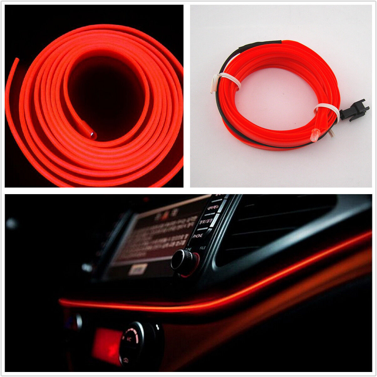 2M RED EL-Wire 12V Car Interior Decor Fluorescent Neon Strip Cold light Tape