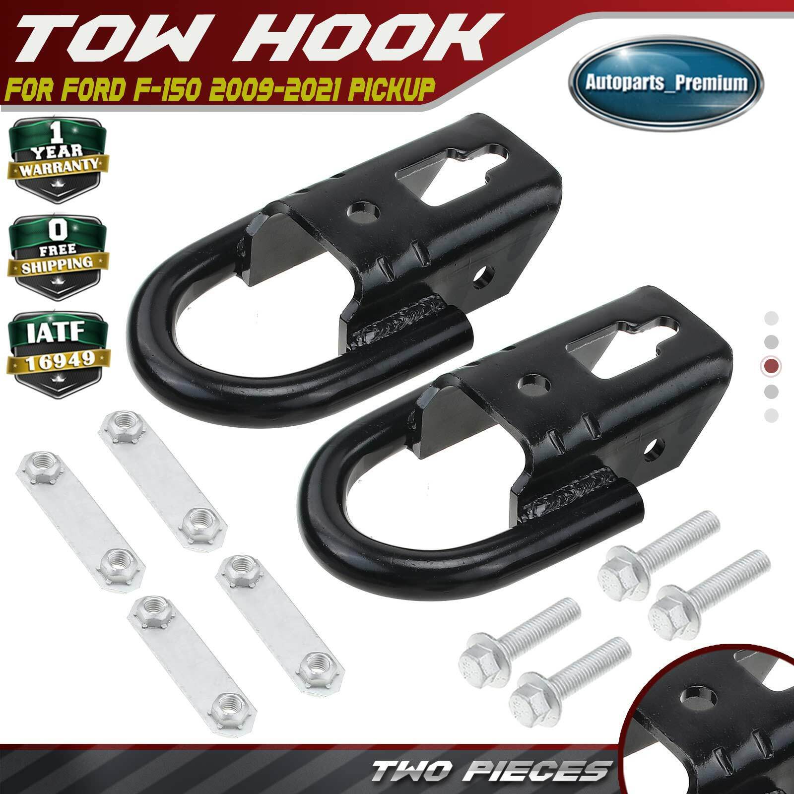 Front Pair (2) Black Tow Hooks w/ Hardware for Ford F-150 2009-2021 Cab Pickup