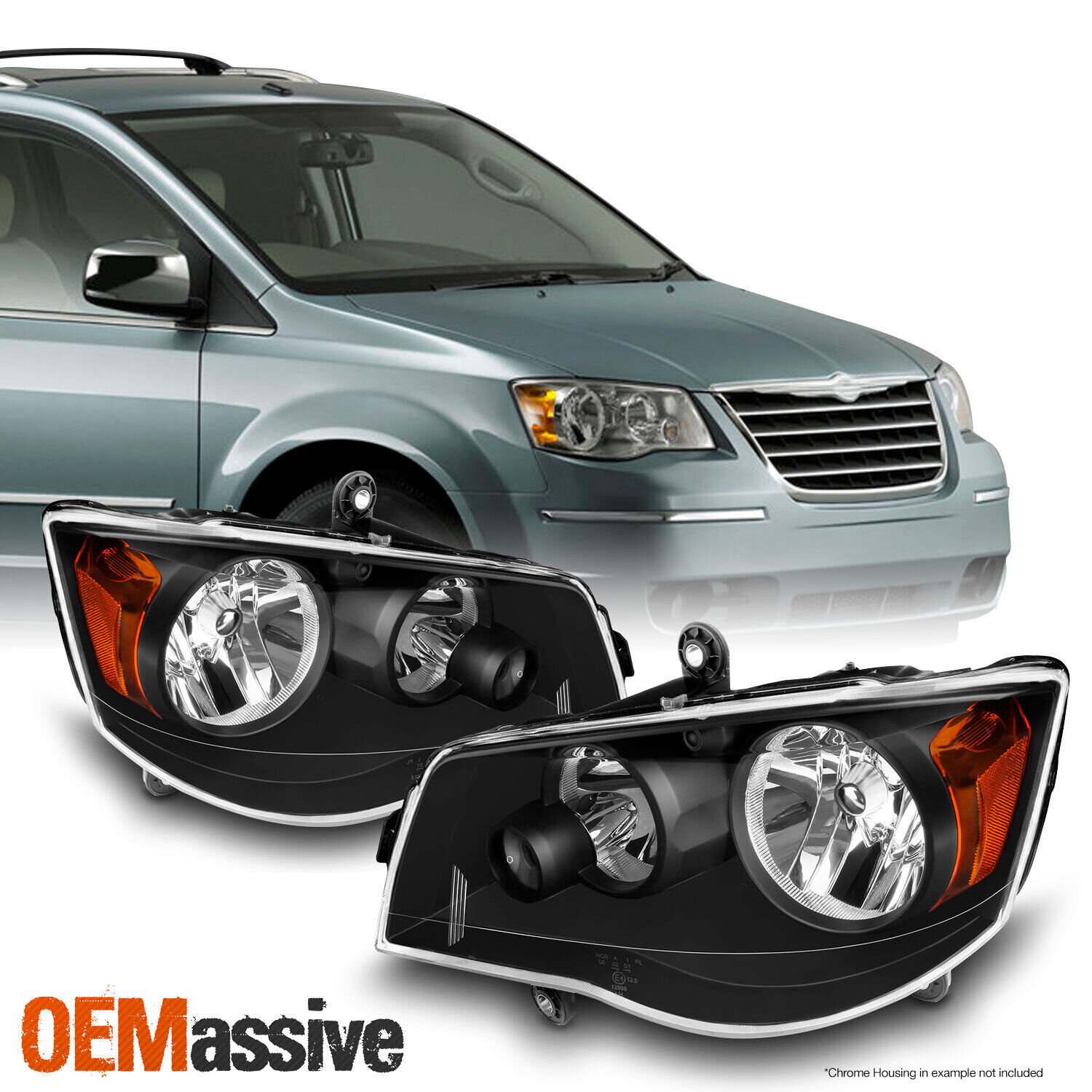 Black Fits 08-16 Town & Country / 11-20 Grand Caravan Headlights Left+Right