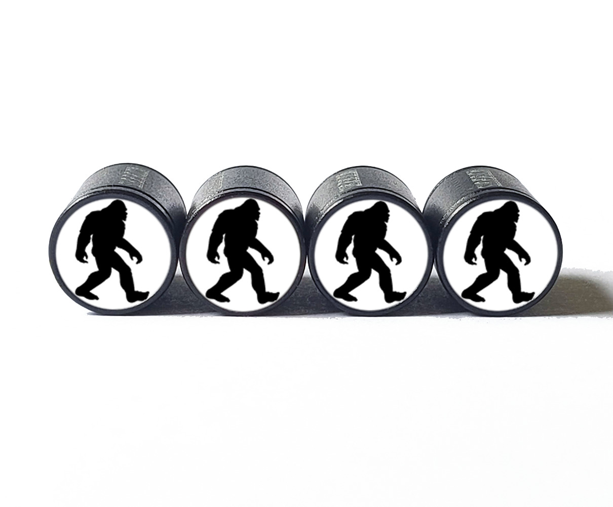 Bigfoot Sasquatch Silhouette Tire Valve Caps - Black Aluminum - Set of Four