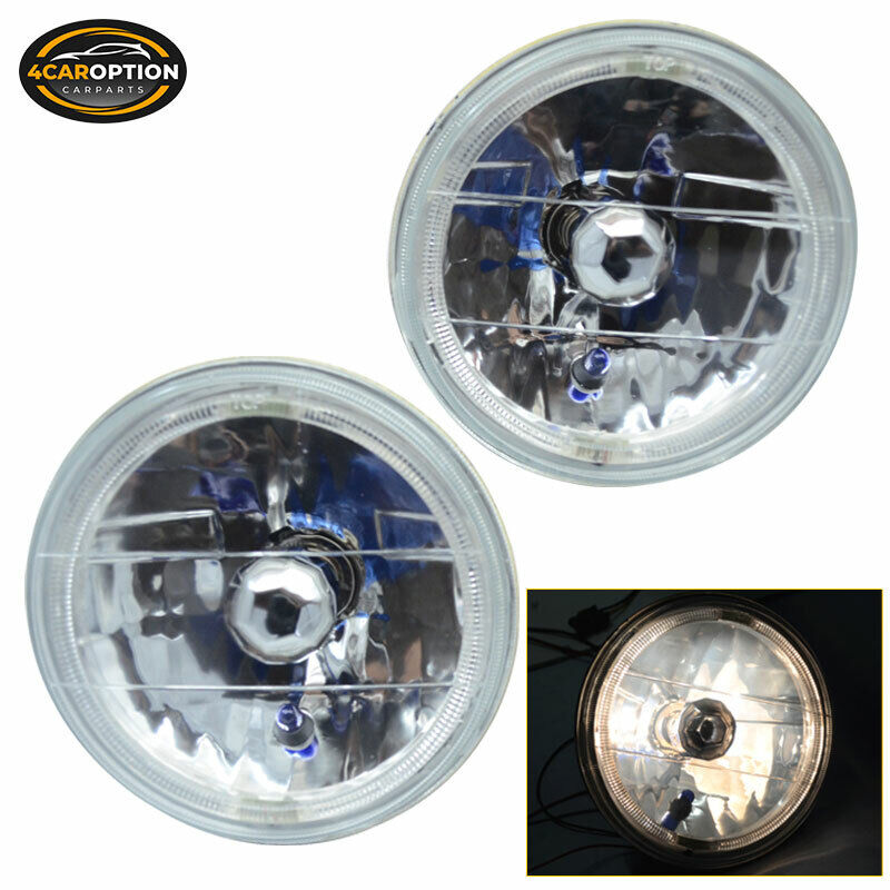 Fits 7 Inch Round H4 Sealed Beam Crystal Clear Diamond Headlight White Halo Lamp