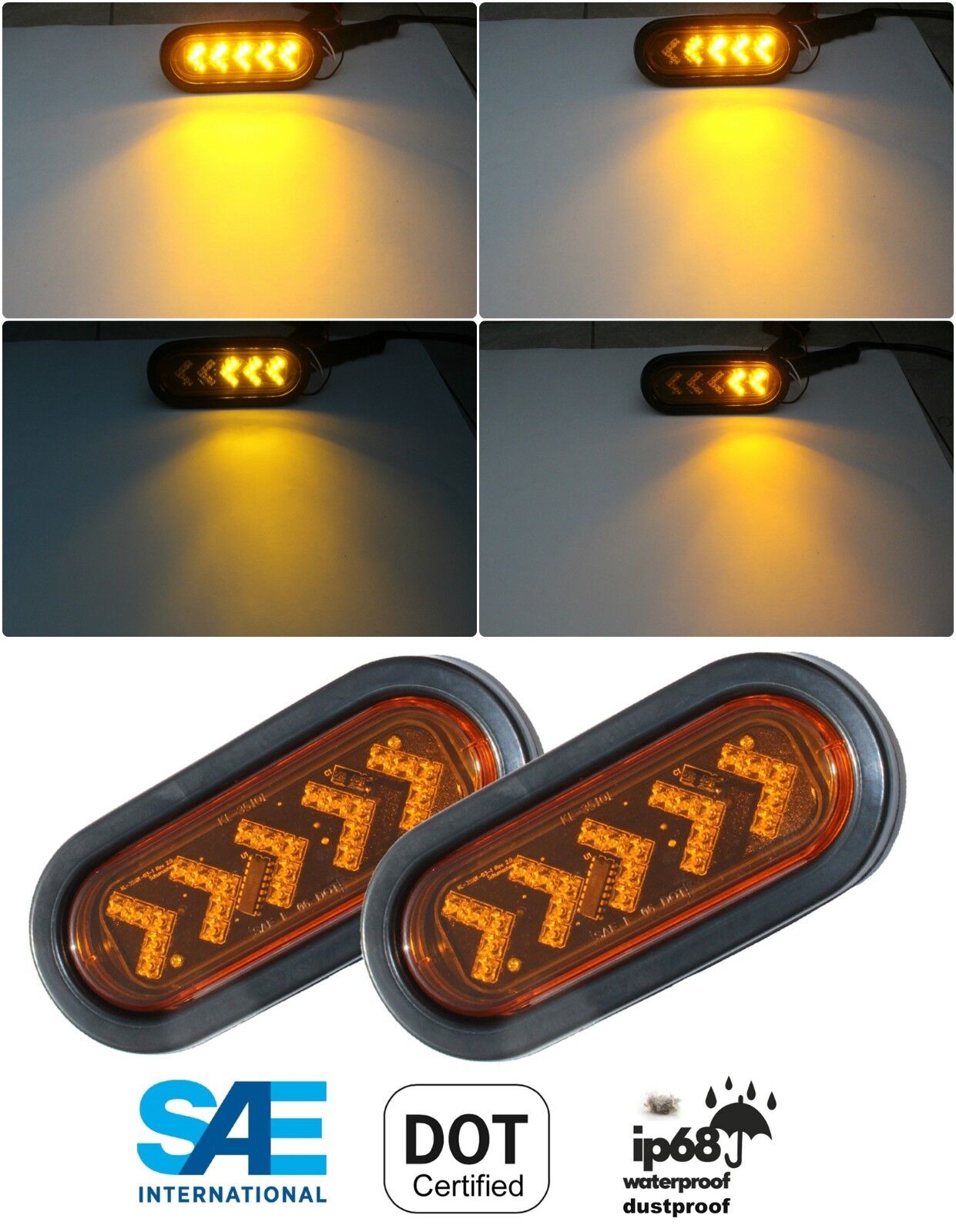 2 Amber Oblong Oval Sequential Arrow TURN SINGNAL LED Light With Plug Pigtail 6\