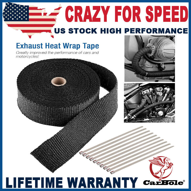 Black For Motorcycle Exhaust Header Wrap 50FT Roll Heat Wrap 10 Cable Zip Ties