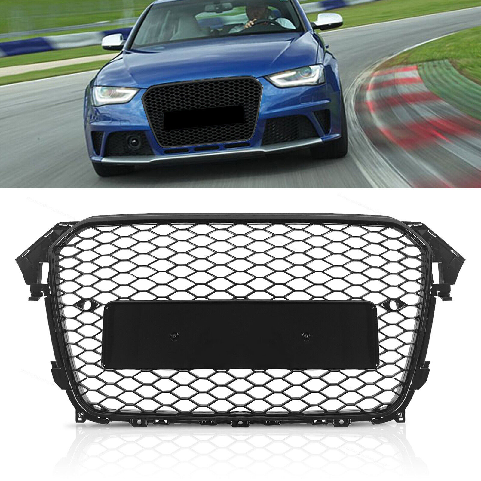 Black Front Grille RS4 Honeycomb Grill Fit For Audi B8.5 A4 S4 2013 13 14 15 16