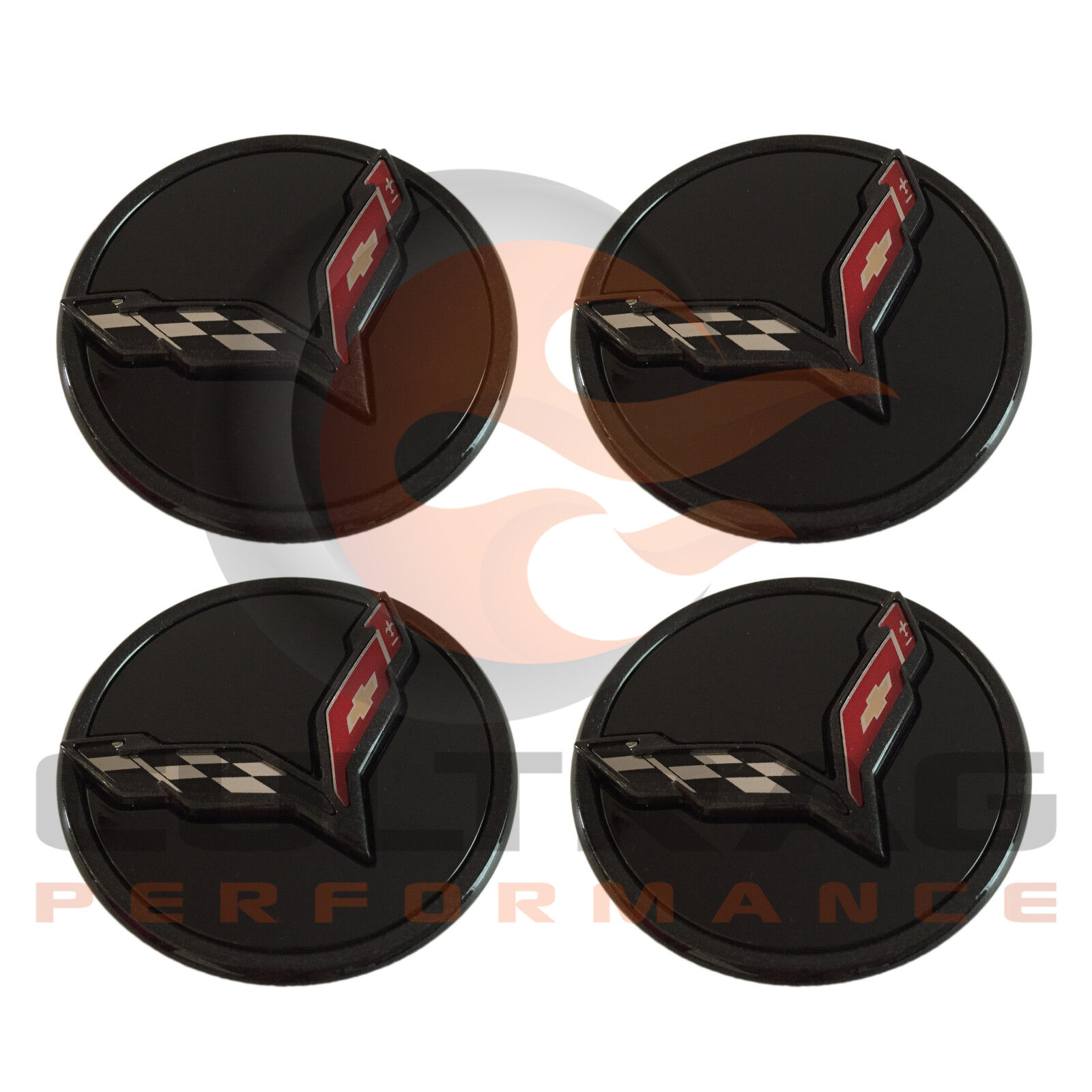 2014-2019 C7 Corvette GM All Gloss Black Flag Logo Center Caps Set 23217059
