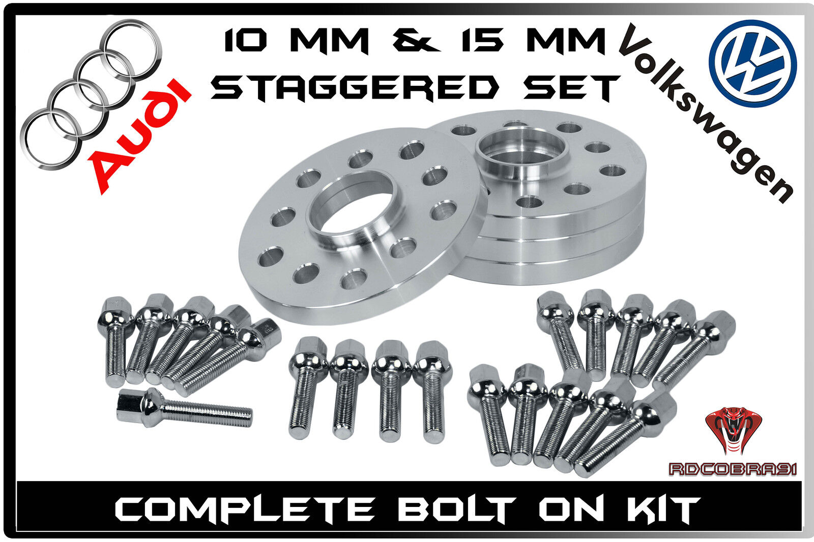 4 Pc Audi VolksWagen Staggered 10 MM & 15 MM Wheel Spacers 5x100 5x112 57.1 H.B